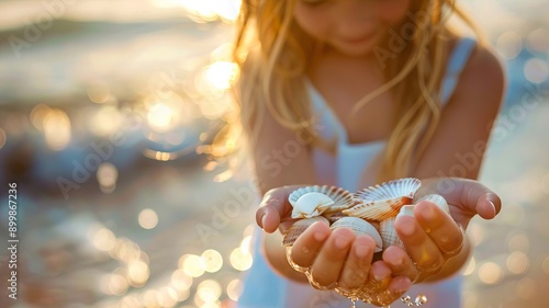 Close-up of child's hands holding collected seashells over sea. Selective focus