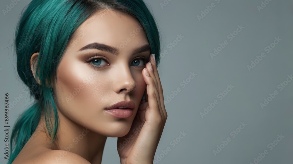 Beauty model with teal hair, perfect skin, natural look, touching her face Beauty model with teal hair, perfect skin, natural look, touching her face