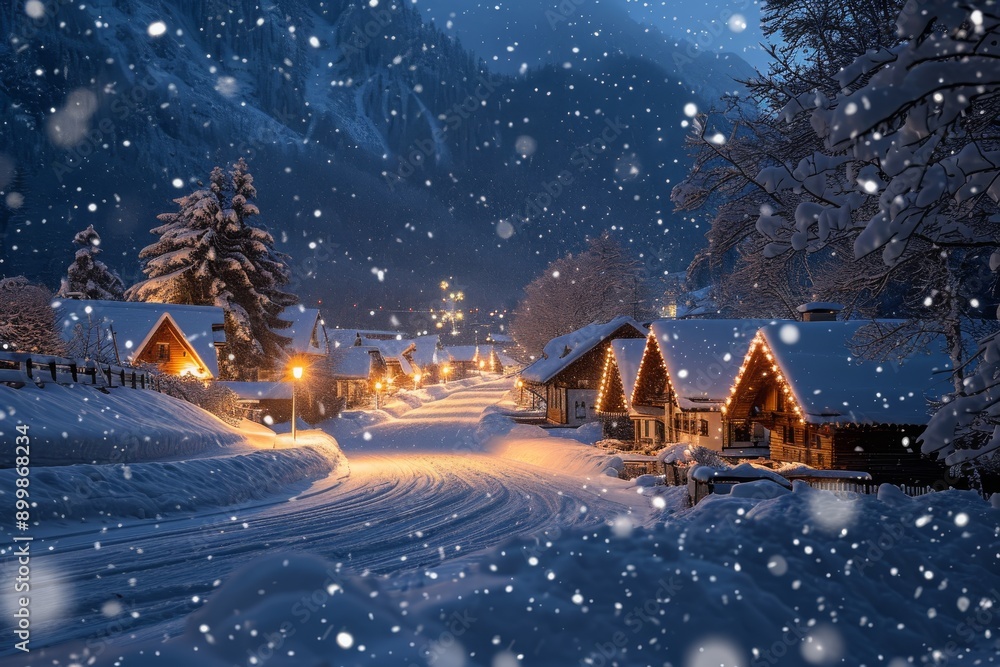 Fototapeta premium A photograph showcasing a snowy night with a village in the foreground, capturing the quiet ambiance and wintry landscape, Mountain village lights twinkling through a snowy night, AI Generated