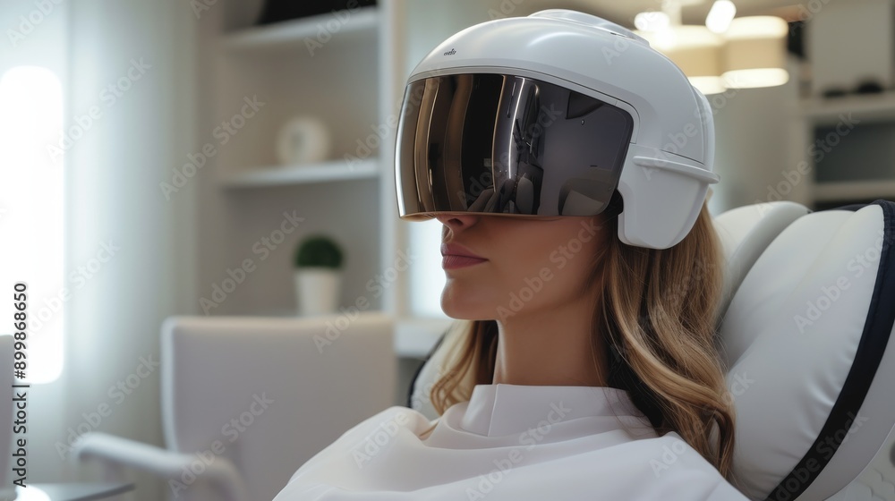 A woman sits calmly in a modern clinic, wearing a large virtual reality headset. The sleek design of the headset and the contemporary clinic setting suggest an advanced therapeutic experience A woman sits calmly in a modern clinic, wearing a large virtual reality headset. The sleek design of the headset and the contemporary clinic setting suggest an advanced therapeutic experience