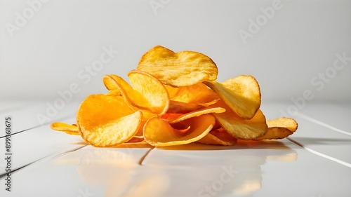 A group of golden yellow potato chips, perfectly arranged to showcase their crispy texture.The chips are isolated on a pristine white background.