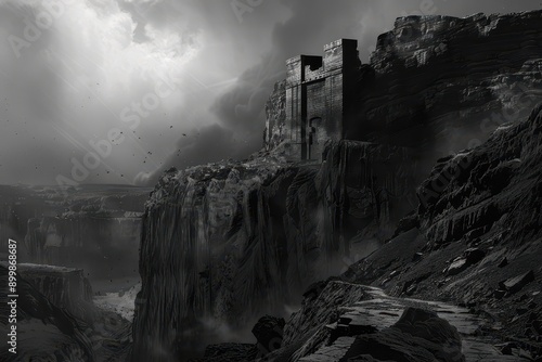 Dark castle ruin on a stormy cliff overlooking a deep canyon photo