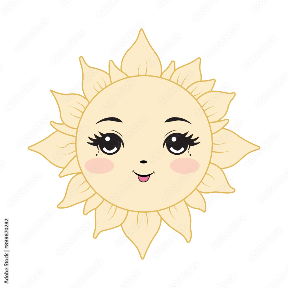 A beautiful sun with rays, drawn in a cartoon style for children. A beautiful sun with rays, drawn in a cartoon style for children.