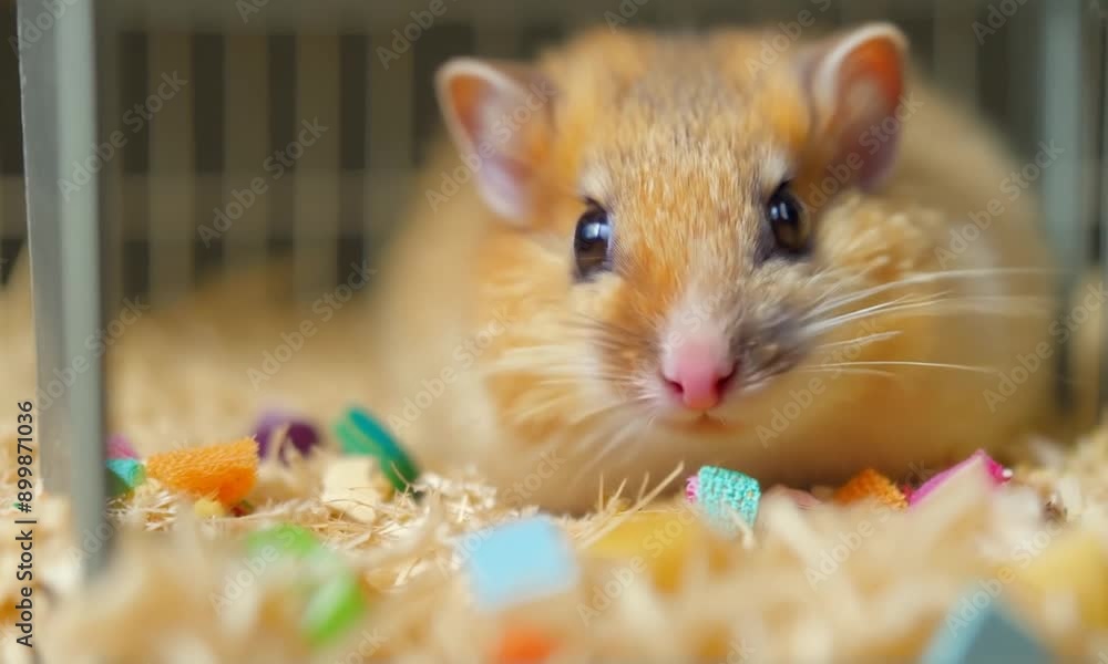 A cute hamster with its cheeks stuffed with food, peeking out from its cozy bedding in a small cage A cute hamster with its cheeks stuffed with food, peeking out from its cozy bedding in a small cage