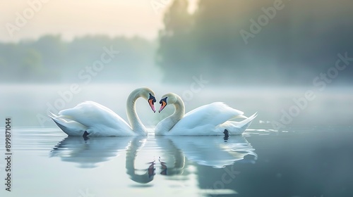 Graceful swans swimming in a serene lake  photo