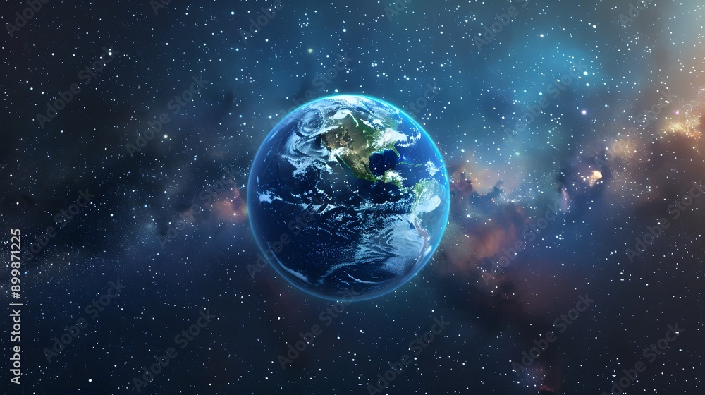Fototapeta premium A detailed depiction of Earth floating in the vacuum of space with colorful nebulae