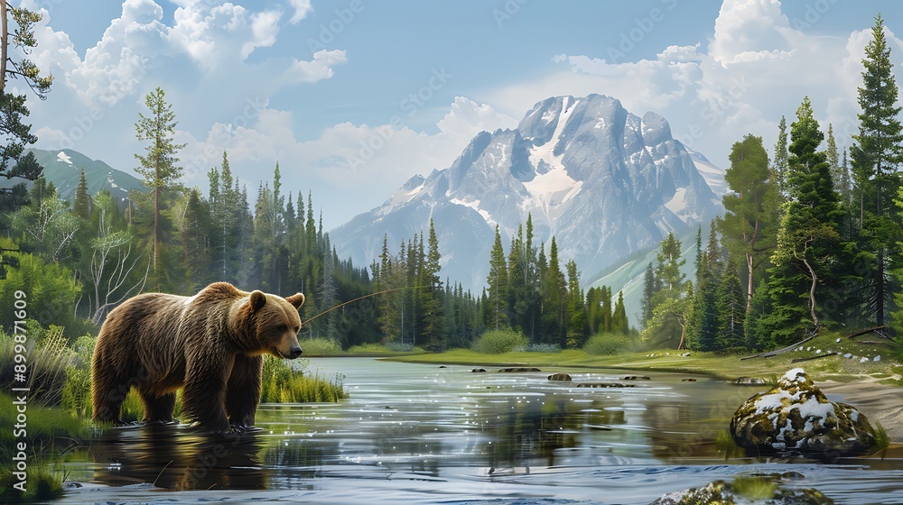 Grizzly bear fishing in a river with a mountain view Grizzly bear fishing in a river with a mountain view