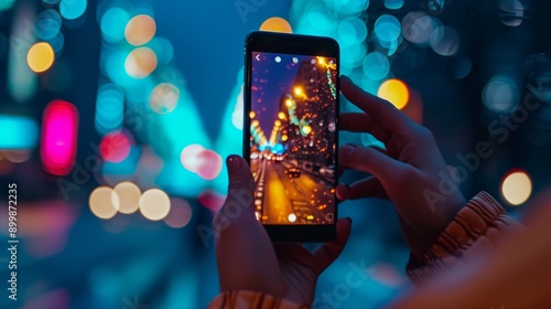 Hands holding a smartphone against a background of a colorful night cityscape, showcasing a bokeh effect with vibrant lights. The image on the phone screen is in sharp focus, capturing the essence of