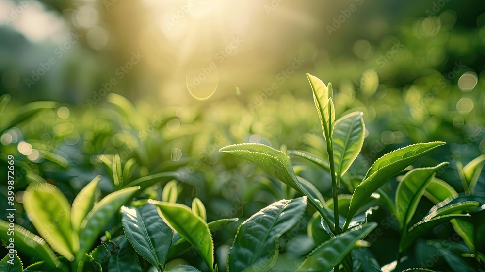 Closeup, Top of green tea leaves in the morning, tea plantation, blurred background AI generated Closeup, Top of green tea leaves in the morning, tea plantation, blurred background AI generated