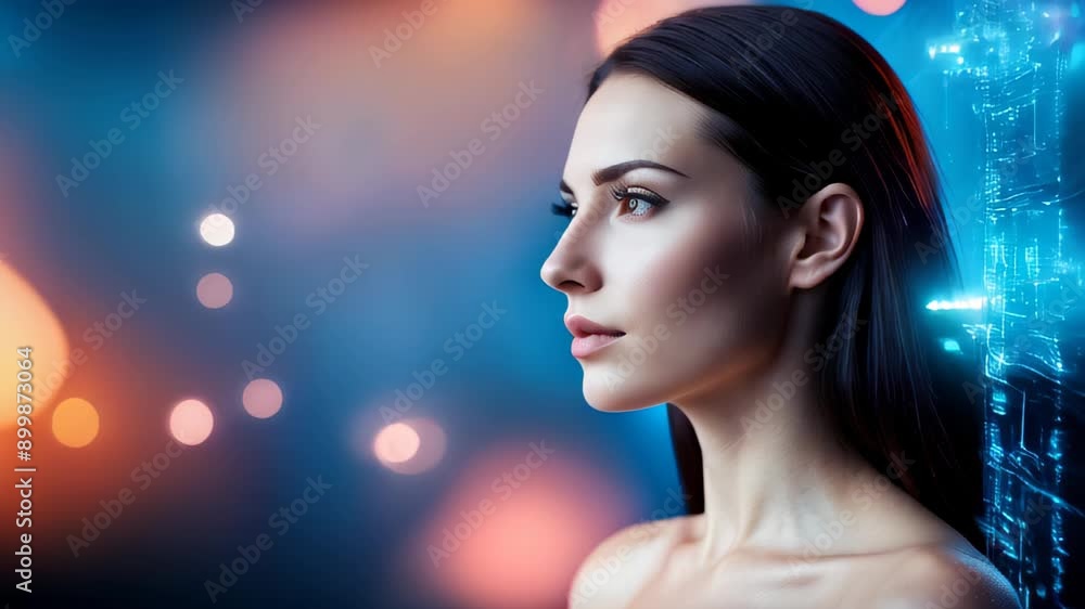 Caucasian woman with system codes animation and bokeh lights in background. facial recognition concept. Copy space template backdrop Caucasian woman with system codes animation and bokeh lights in background. facial recognition concept. Copy space template backdrop