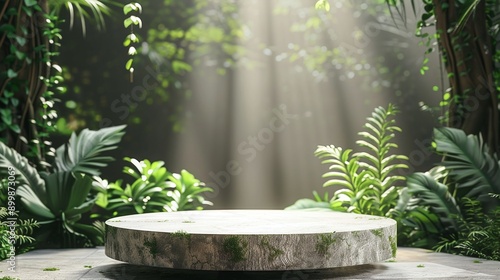 Cosmetic Product Mockup: White Podium Amidst Green Nature and Tropical Plants for Natural Presentation