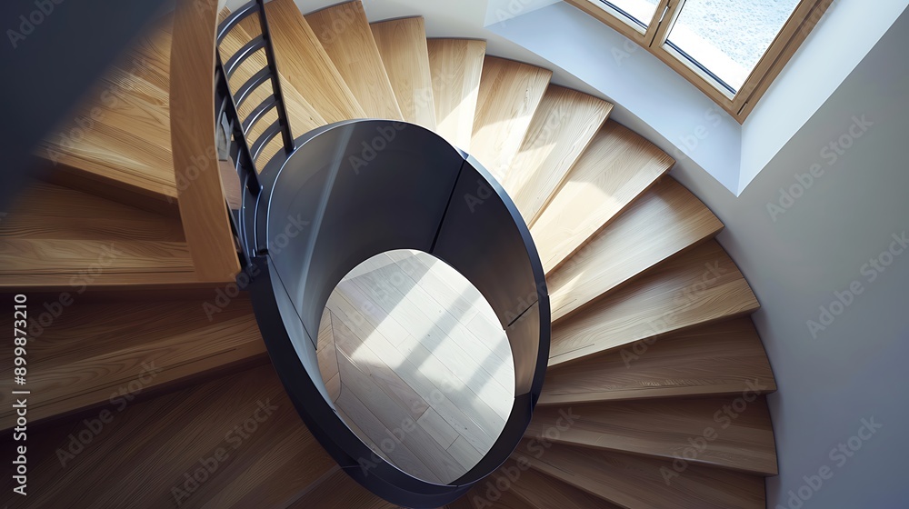 Fototapeta premium Helical staircase with solid wood steps and steel railings