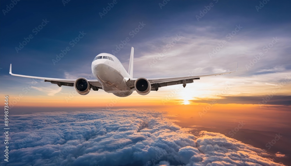 Naklejka premium Commercial Airplane Jetliner Flying Above Dramatic Clouds in Sunset Light