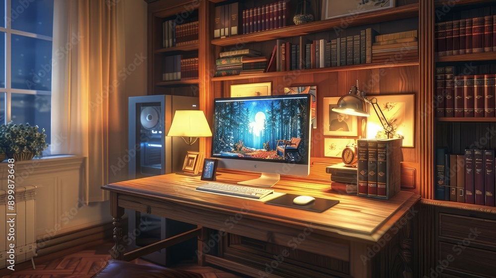 Cozy Home Office Workspace with Desktop Computer – Warm Lighting, Wooden Desk, Bookshelves and Study Vibes for Productivity, Remote Work, and Intellectual Lifestyle Concepts Cozy Home Office Workspace with Desktop Computer – Warm Lighting, Wooden Desk, Bookshelves and Study Vibes for Productivity, Remote Work, and Intellectual Lifestyle Concepts
