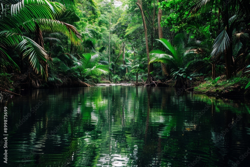 A serene body of water is enclosed by a dense forest of vibrant, leafy trees, creating a harmonious natural landscape, Mystery in a hidden rainforest river, AI Generated A serene body of water is enclosed by a dense forest of vibrant, leafy trees, creating a harmonious natural landscape, Mystery in a hidden rainforest river, AI Generated