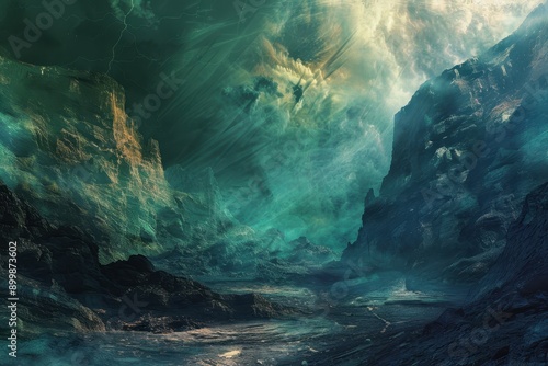Mysterious Alien Landscape with Towering Cliffs and Glowing Green Clouds © Tuyul.Racing’s 
