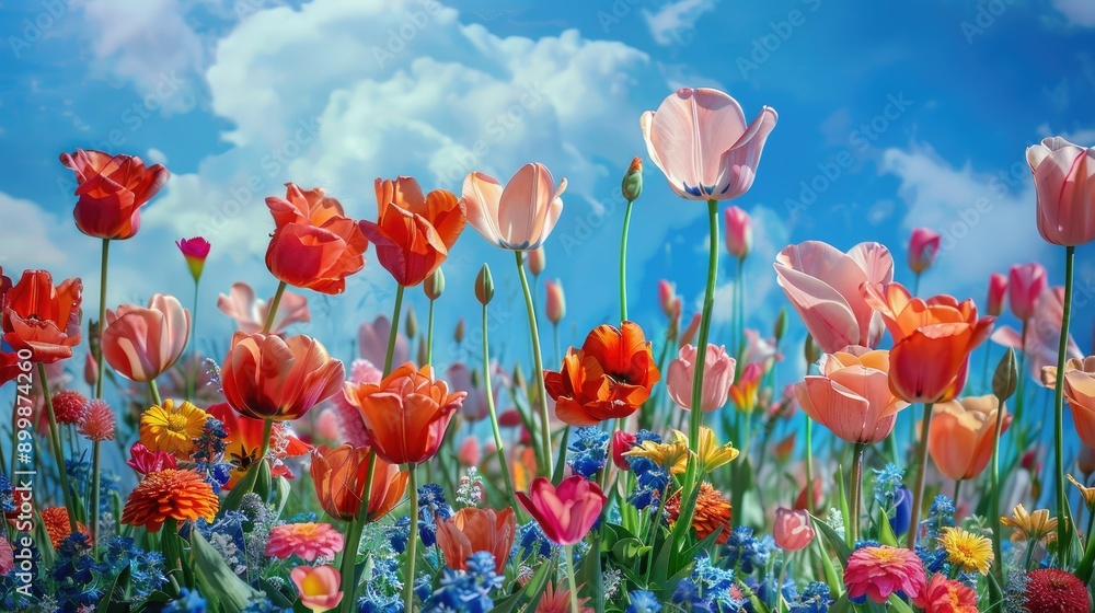 Obraz premium Abstract flower garden, beautiful blue sky, sweet peas flowers, zinnias, tulips. photographic like