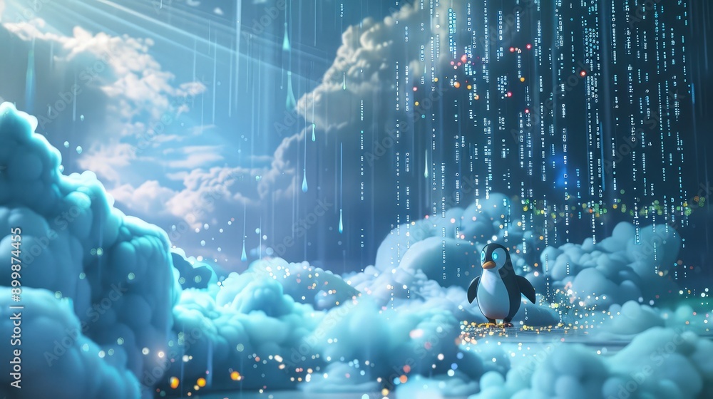 A digital landscape during a code storm, with streams of code raining ...