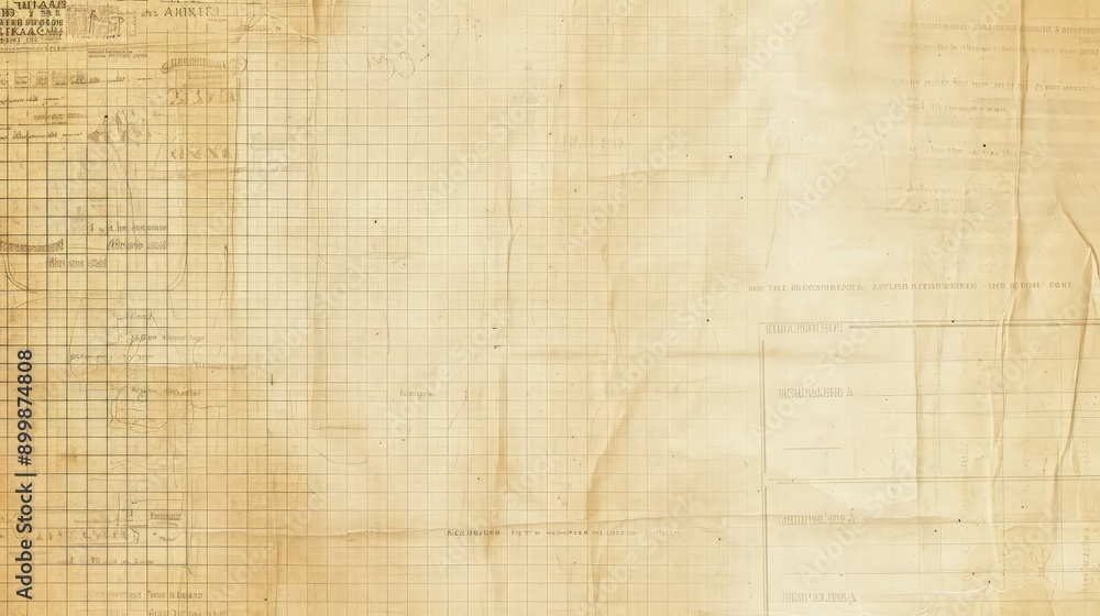 A distressed beige paper texture featuring faint lines and grid patterns from old advertisements, offering a unique backdrop for designers looking to add their own text or graphic elements. A distressed beige paper texture featuring faint lines and grid patterns from old advertisements, offering a unique backdrop for designers looking to add their own text or graphic elements.