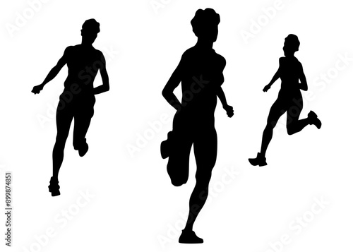 Young athletes run a marathon. Isolated silhouettes on white background