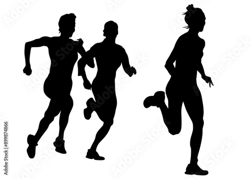 Young athletes run a marathon. Isolated silhouettes on white background