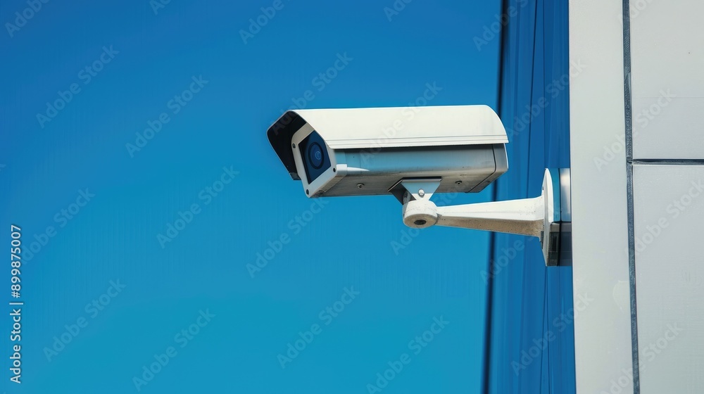 Outdoor security camera mounted against a clear blue sky, ensuring surveillance and safety for buildings and properties. Outdoor security camera mounted against a clear blue sky, ensuring surveillance and safety for buildings and properties.