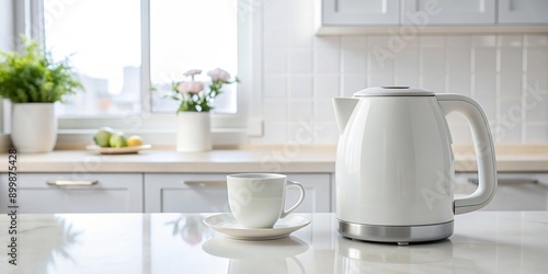 A close-up of a white electric kettle and a mug on a white kitchen counter, minimalist, modern, hot beverage, simple, mug, contemporary, daily life, household, stylish, close-up, domestic © Sompong