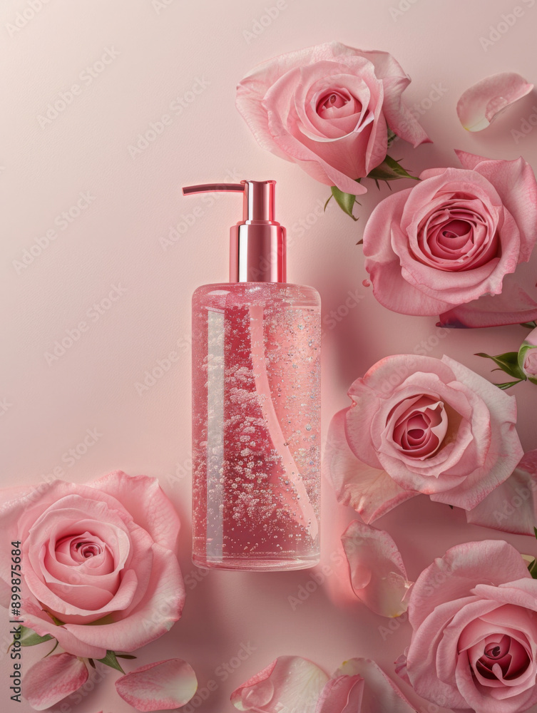 Liquid soap dispenser bottle with pink and white color scheme on the pink roses; bottle with delicate textures against a light pink background, minimalist style, for commercial advertising Liquid soap dispenser bottle with pink and white color scheme on the pink roses; bottle with delicate textures against a light pink background, minimalist style, for commercial advertising