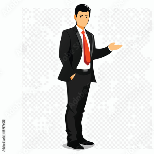 business man, illustration of man wearing black suit with red necktie, vector illustration, isolated white background 