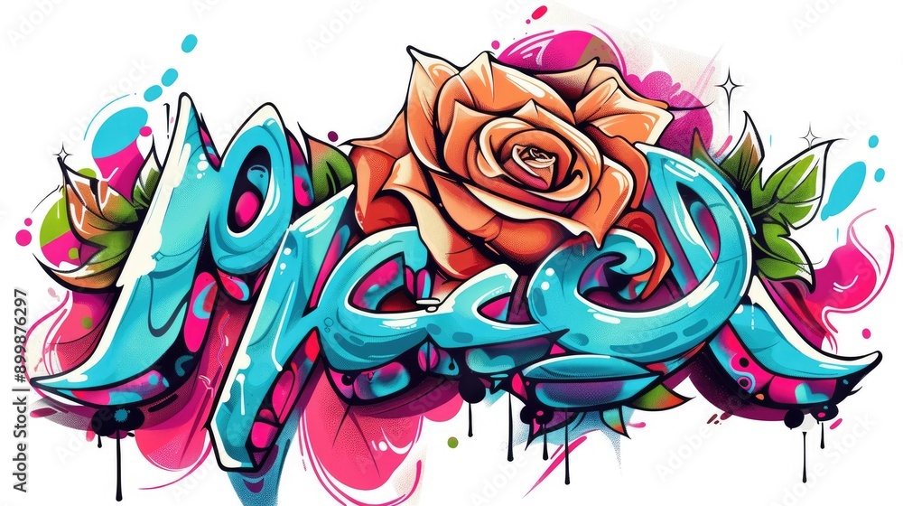 Naklejka premium design of a rose with graffiti and the word peace in Milmillion1 art style on a white background AI generated
