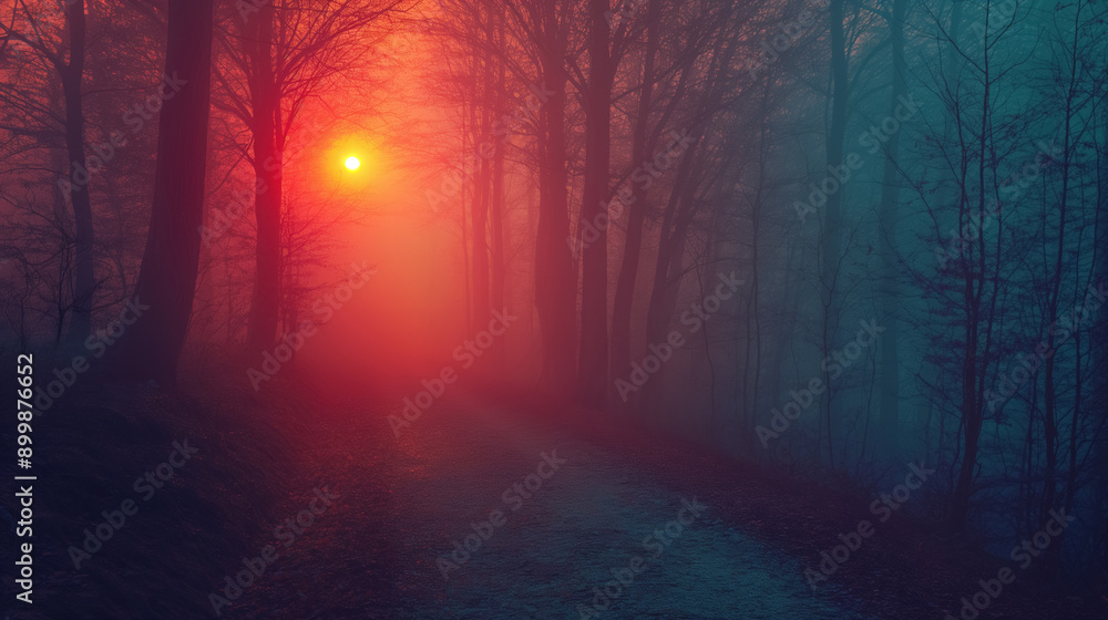 Sunset in a misty forest creates an ethereal and moody atmosphere. Sunset in a misty forest creates an ethereal and moody atmosphere.