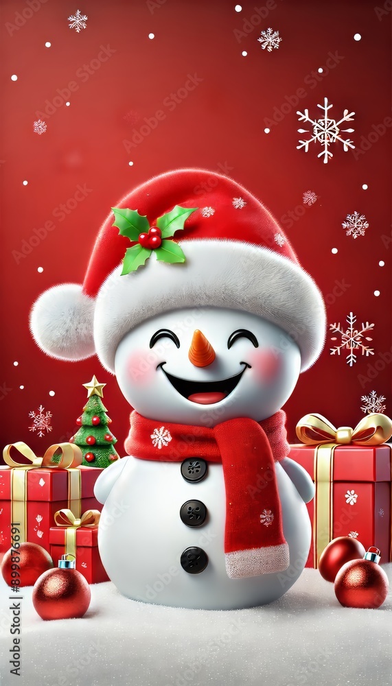 Happy Snowman in Santa Hat with Christmas Gifts and Ornament, red Christmas postcard Happy Snowman in Santa Hat with Christmas Gifts and Ornament, red Christmas postcard