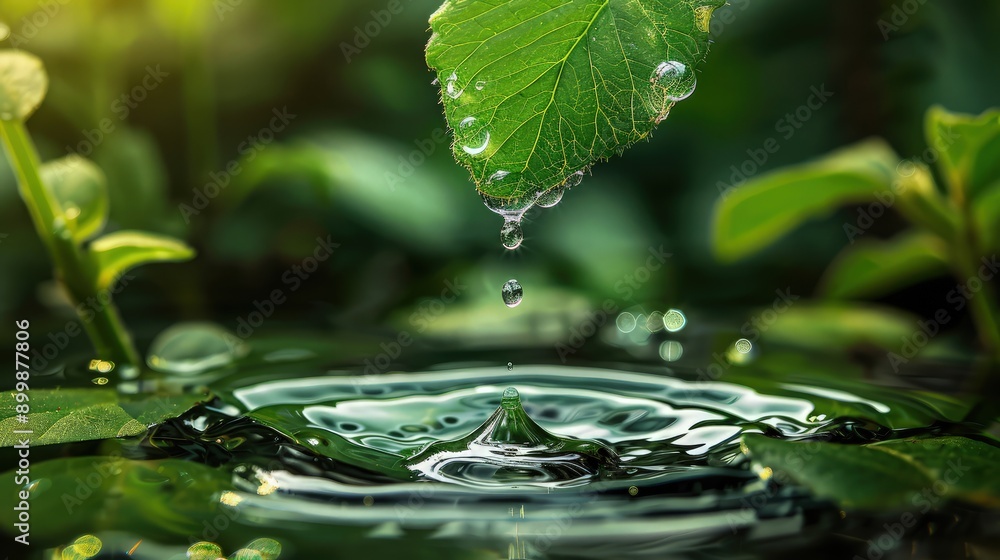 A macro shot of a crystal-clear water drop falling gently onto a vibrant green leaf, capturing the ripple effect and the delicate splash in a serene forest setting. A macro shot of a crystal-clear water drop falling gently onto a vibrant green leaf, capturing the ripple effect and the delicate splash in a serene forest setting.