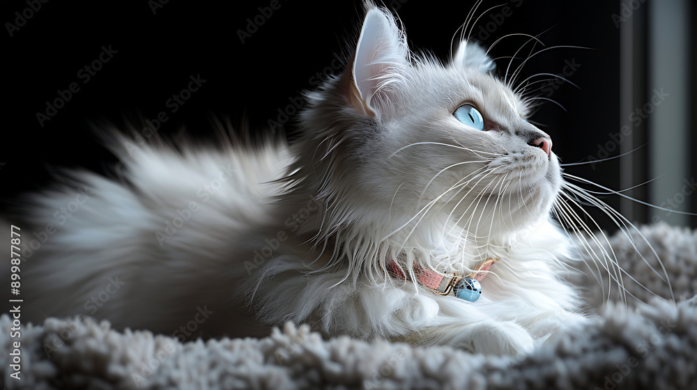 Beautiful cat with blue eyes lying on carpet, on black background Beautiful cat with blue eyes lying on carpet, on black background