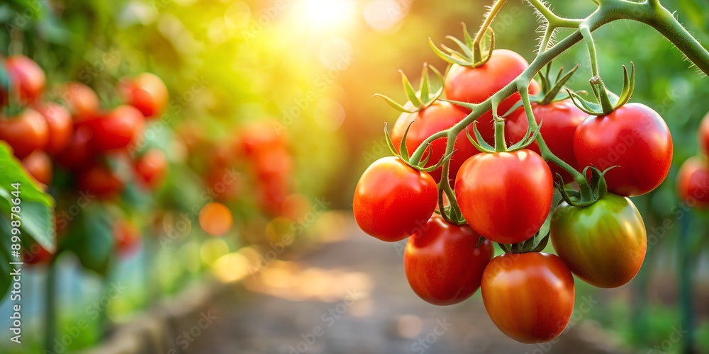 Fresh bunch of red natural tomatoes on branch in vegetable garden AI-Generated Content, vegetable garden Fresh bunch of red natural tomatoes on branch in vegetable garden AI-Generated Content, vegetable garden