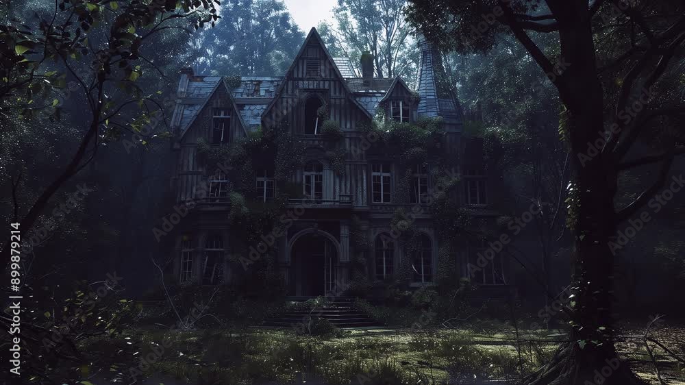 Animated Misty Abandoned Mansion in Overgrown Forest Animated Misty Abandoned Mansion in Overgrown Forest