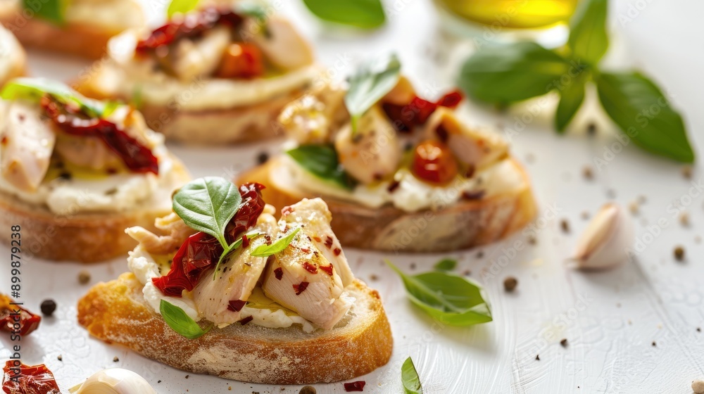 Tasty Italian bruschetta with cream cheese chicken olive oil garlic basil and sun dried tomatoes on a white surface Tasty Italian bruschetta with cream cheese chicken olive oil garlic basil and sun dried tomatoes on a white surface