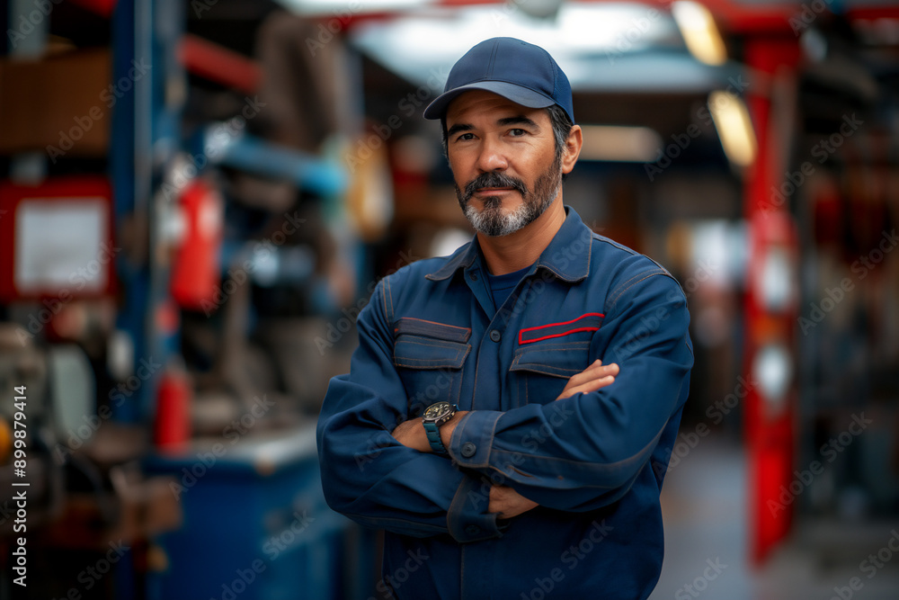 Middle age Hispanic man, mechanic, standing in auto repair garage, blue collar worker, copy space Middle age Hispanic man, mechanic, standing in auto repair garage, blue collar worker, copy space
