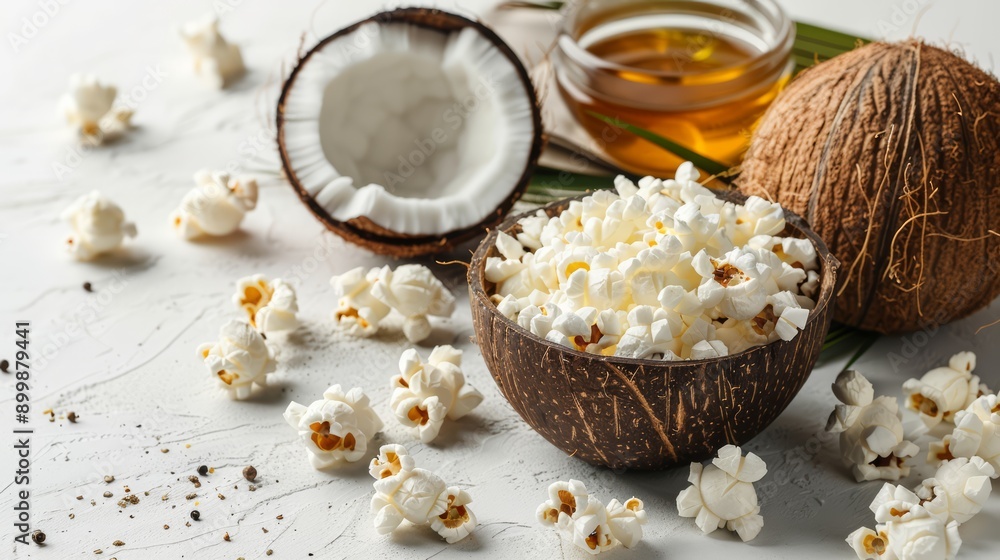 Coconut oil for cooking popcorn, white backdrop, blank area for text, culinary use