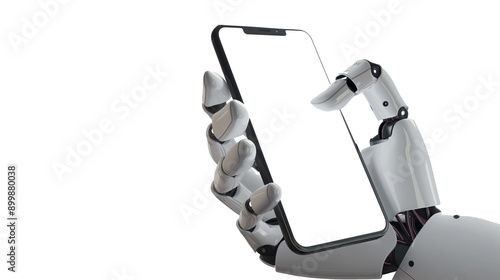 Robot holding smartphone mockup PNG