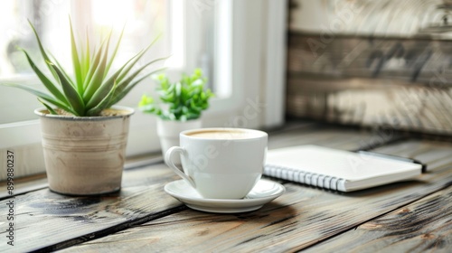 Wallpaper Mural Office desk with coffee cup plant notebook on wooden background Torontodigital.ca