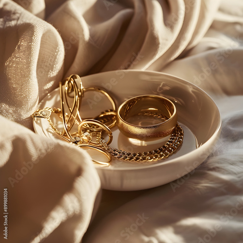 Bowl full of gold jewelry, beige and white satin linen, gold rings and necklaces, shot in a sunlit room.