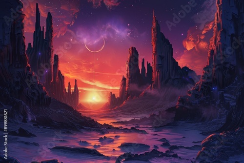 Alien planet landscape with rock formations under a red sky