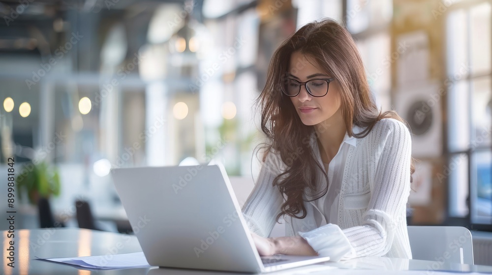 Portrait of businesswoman with laptop writes on a document at her office AI generated Portrait of businesswoman with laptop writes on a document at her office AI generated