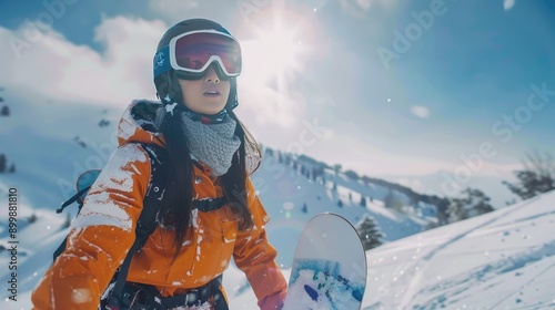 Portrait of Asian woman practice snowboarding on snow mountain at ski resort.