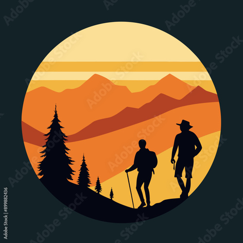 vector t-shirt design black silhouette hiking vintage retro sunshine, design isolated on white background