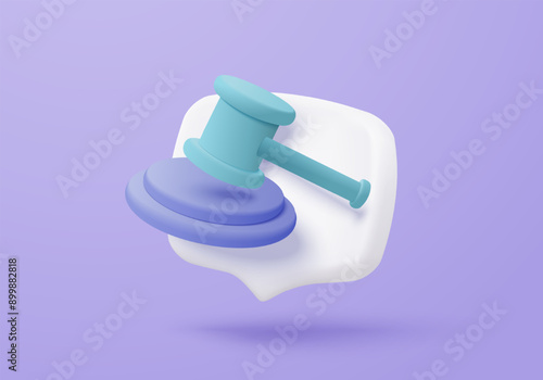 3D judge hammer icon minimal gavel concept of law. Professional lawyer, punishment, law advisor, advocate. Judge arbitrate courthouse 3d icon vector render illustration