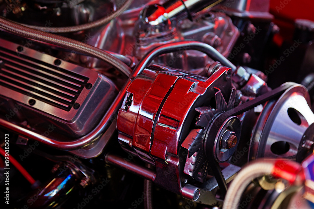 beautiful old red and chrome car engine beautiful old red and chrome car engine