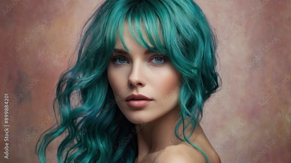 Graceful teal-haired woman, abstract portrait highlighting female beauty Graceful teal-haired woman, abstract portrait highlighting female beauty
