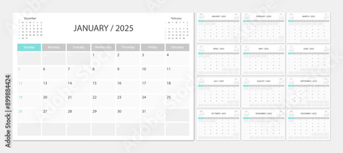 Calendar 2025 week start Sunday corporate design planner template.